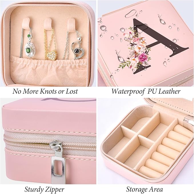 Easter Basket Stuffers for Teens Essentials, Valentines Day Christmas Stocking Stuffers for Women Teen Girl Gifts Trendy Stuff Travel Jewelry Box Case Organizer Personalized Birthday Gifts, Initial A