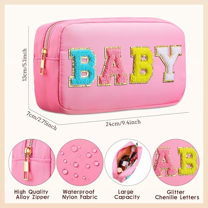 Sanwuta 2 Pieces Mama Gifts Makeup Bag Mom Pouch Birthday Gifts Nylon Cosmetic Bag Mothers Day Appreciation Toiletry Preppy Patch Chenille Letter for Women Her New Mom(White, Pink,Baby and Mama)