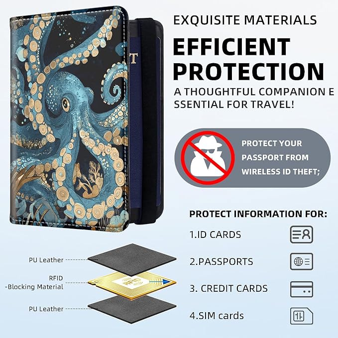 RFID Security Premium Passport and Travel Document Holder Combo, Slim PU Leather Folio Wallet with 3 Card Slots & Boarding Pass Pocket, Secure Elastic Closure Organizer, Blue Octopus