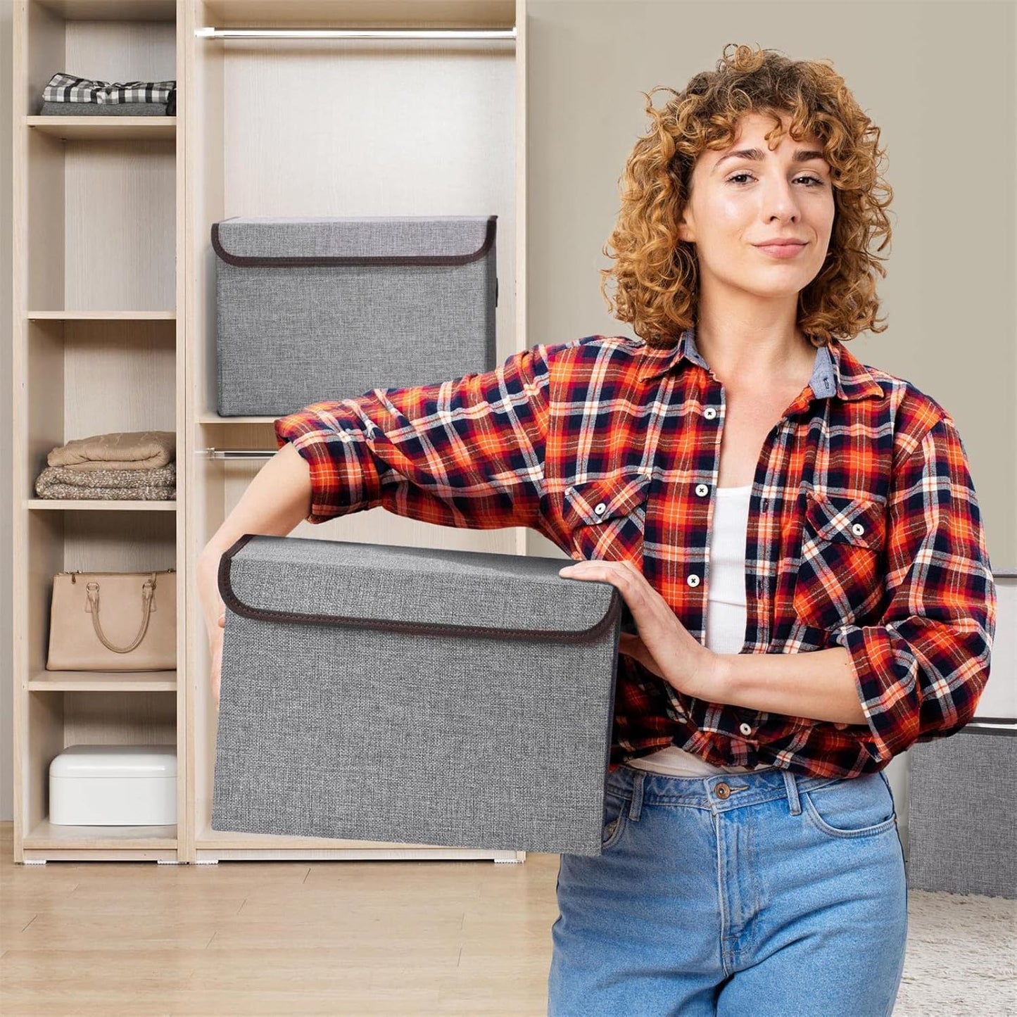 Linen Fabric Foldable Storage Cube Bin Organizer Basket with Flip-Top Lid & Handles, Large Clothes Blanket Box for Home, Office, Closet, Gray & Pink, 4 Pack 14.6 x 9.5 x 9.5”