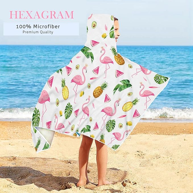 Bonsai Tree Summer Pink Flamingo Bright Hooded Beach Towel, Flamingo Lover Kids Poncho Towel for Boys Girls, Quick Dry 30''x50” Bath Towel for Pool Swiming Boys Gifts