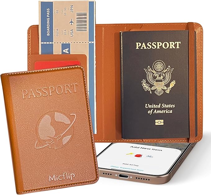 Smart Passport Holder with Built-in Wireless Tracker – MFi Certified – Compatible with Apple Find My – Travel Wallet with Card Slots, Boarding Pass Pocket & SIM Storage – PU Leather (Brown)
