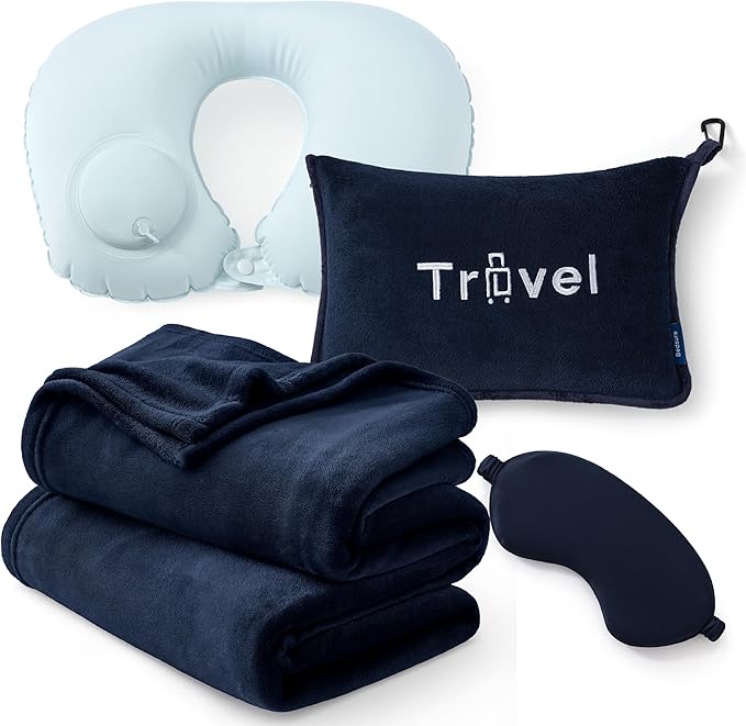 Bedsure Travel Blanket and Pillow Set with Inflatable Neck Pillows, Eye Mask and Storage Bag, Lightweight 3-in-1 Airplane Packable Blanket, Compact Travel Essentials, Navy