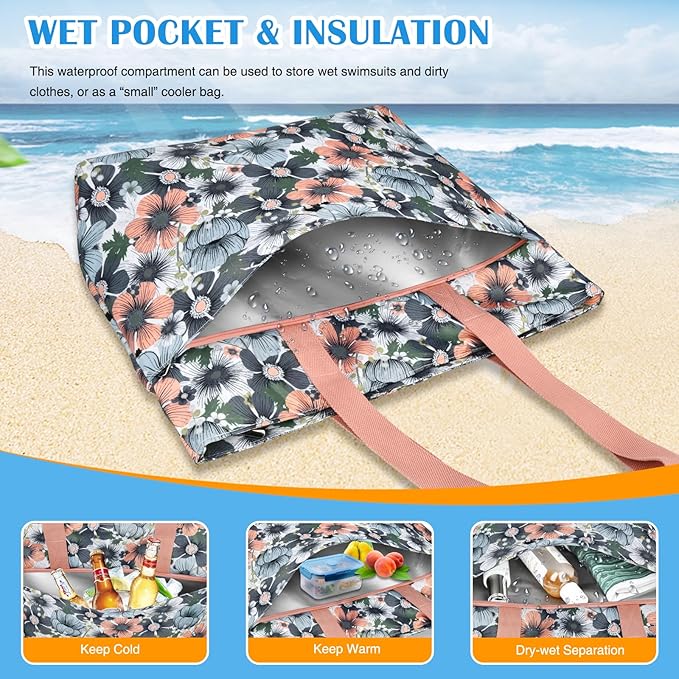 HUANLANG Large Beach Bags for Women Pool Bag with Zipper, Waterproof Sandproof Beach Tote Travel Bag with Wet Pocket | Waterproof, Large capacity, Dry/wet separation, Cooling function, Durable fabric, sandproof