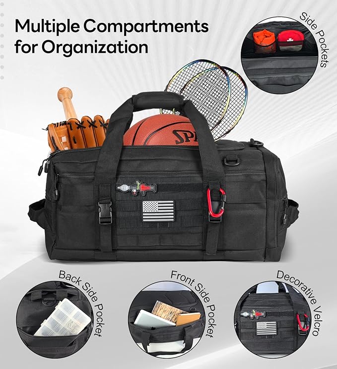Hannibal Tactical 50L Large Duffle Bag, 3-in-1 Tactical Backpack MOLLE Pack for Sports/Gym/Outdoor, Black