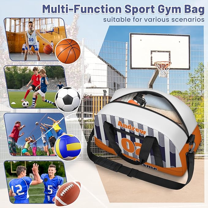 Basketball Soccer Gifts for Boys Girls - Custom Sports Duffle Bag, Personalized Name & Team Bag, Water-Resistant Gym Bag for Basketball, Soccer, Volleyball | Y-Navy Orange