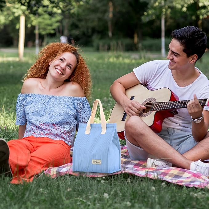 TELLUMO Corduroy Lunch Bag for Women Men Cute Lunch Bag Insulated Lunch Box with Large Capacity (7.5L) Reusable Lunchbag for Work, Picnic, Beach or Travel (S- Corduroy Blue)
