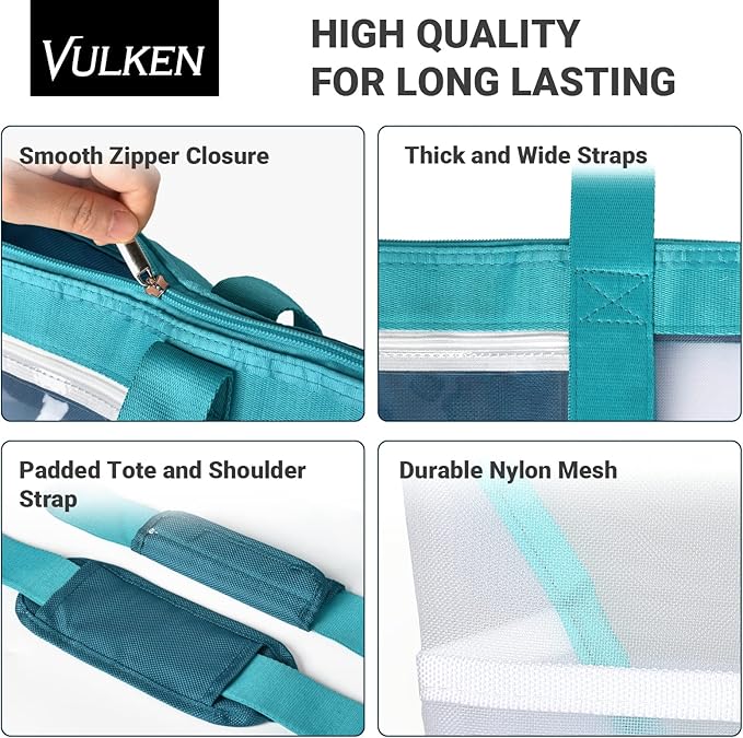 Vulken 42L Extra Large Mesh Beach Bag. 9 Pockets Top Zip Tote Bag Shoulder Bag