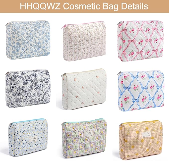 Makeup Bag Travel Cosmetic Bag for Women Girls, Zipper Make Up Pouch, Floral Flowers Toiletry Organizer Makeup, Portable Storage Cosmetic Travel Cloth Bag (L/Blue Floral)