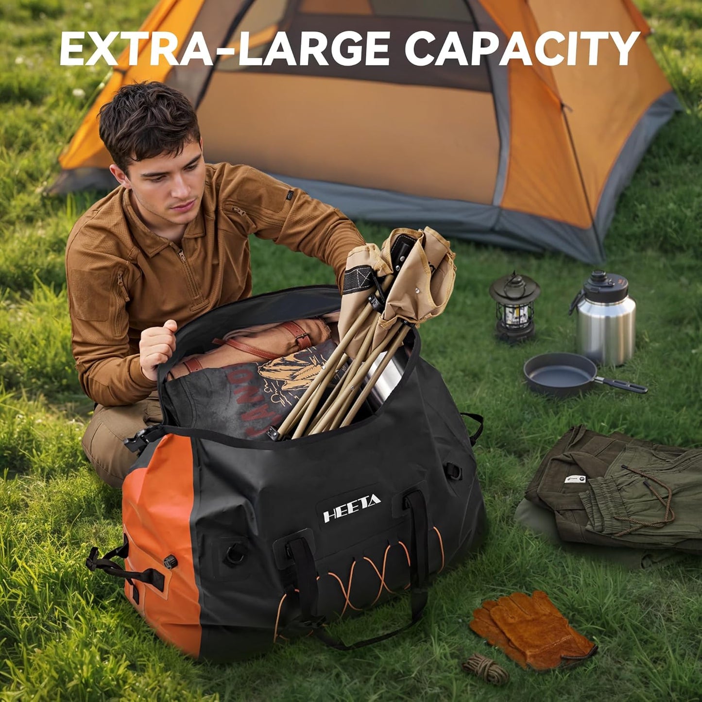 HEETA Waterproof Duffel Bag Motorcycle Dry Bag Backpack, 60L/80L Extra Large Rolltop Travel Duffle Bags with Straps & Handles for Kayaking Rafting Boating Canoeing Camping Gym Beach Cruise Ship