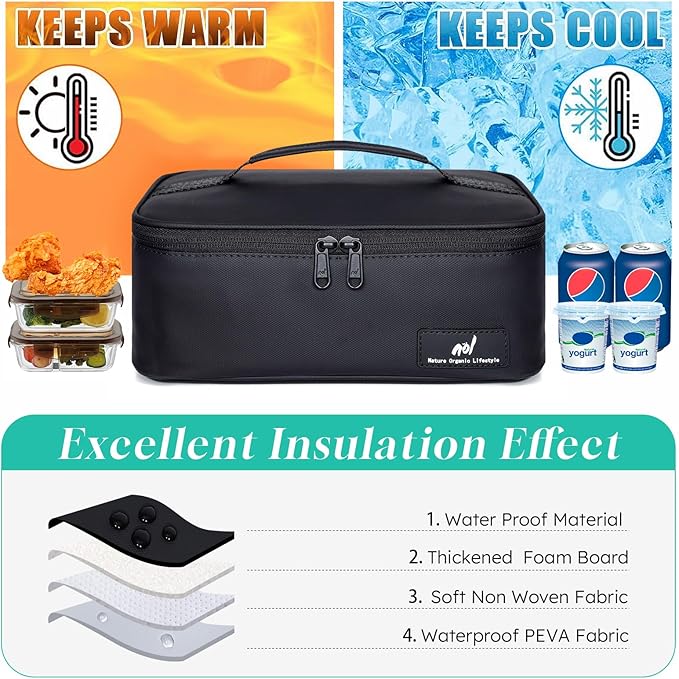 NOL Natural Organic Lifestyle Insulated Lunch Bag for Adults – Compact Cooler Lunch Box with Food-Grade Lining, Waterproof Lunch Bag for Work, Travel | Portable Thermal Meal Tote with Handle, Black