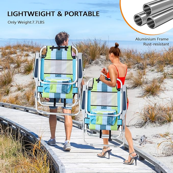 VINGLI Backpack Beach Chair 2 Pack, with 5-Position, Cup Holders, Cooler Bag, Towel Bar, Lightweight Folding Beach Camping Chairs for Adults（Blue/Green-13