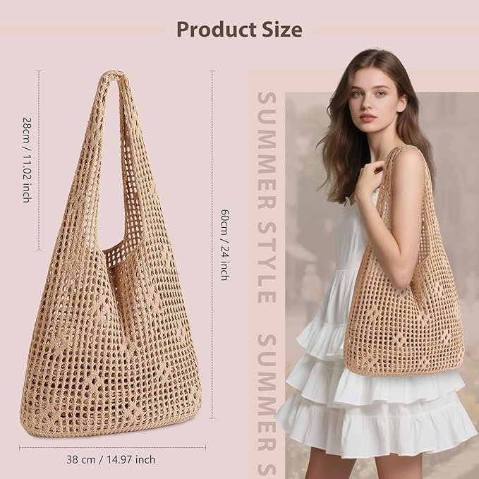 Sightor Crochet Tote Bag, Mesh Beach Bag Knit Summer Hobo Bag Vacation Boho Tote Bag for Women