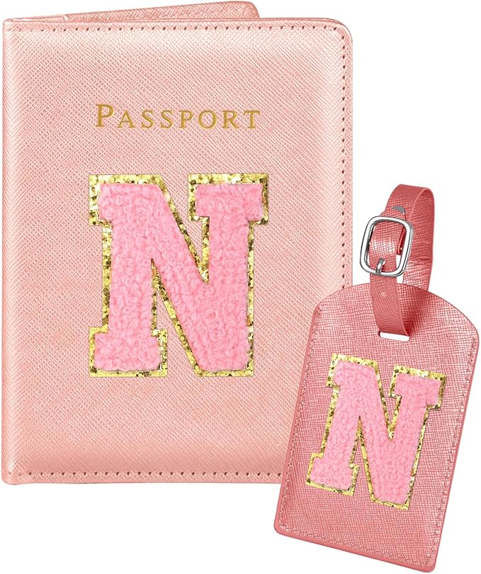Slohif Passport Holder Initial Lugguage Tag Set Suitcase Cover Wallet Case for Travel Women - Leather Letter Passport Book Personalized Organizer Card Protector Sleeve Essentials Slim Carrier Red N