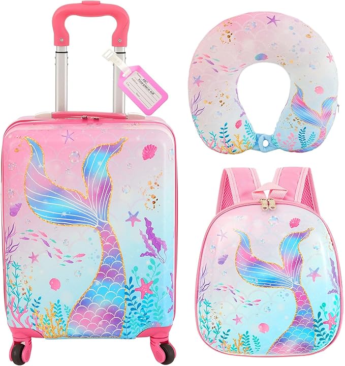 Sanwuta 4 Pcs Kids Luggage Set Rolling Suitcase Backpack U-shaped Pillow Kids Carry On Gift for Summer Travel Family Trip(17 Inch,Mermaid's Tail Style,Blue Purple)