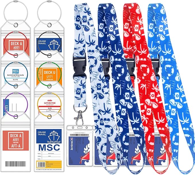 8 Pcs Carnival Cruise Luggage Tag Holders with 4 Pcs Cruise Lanyards, Cruise Luggage Tag Holder & Cruise Lanyard with Ship Card Holder for Princess, NCL, MSC, Costa 2025-2026, Cruise Ship Essentials
