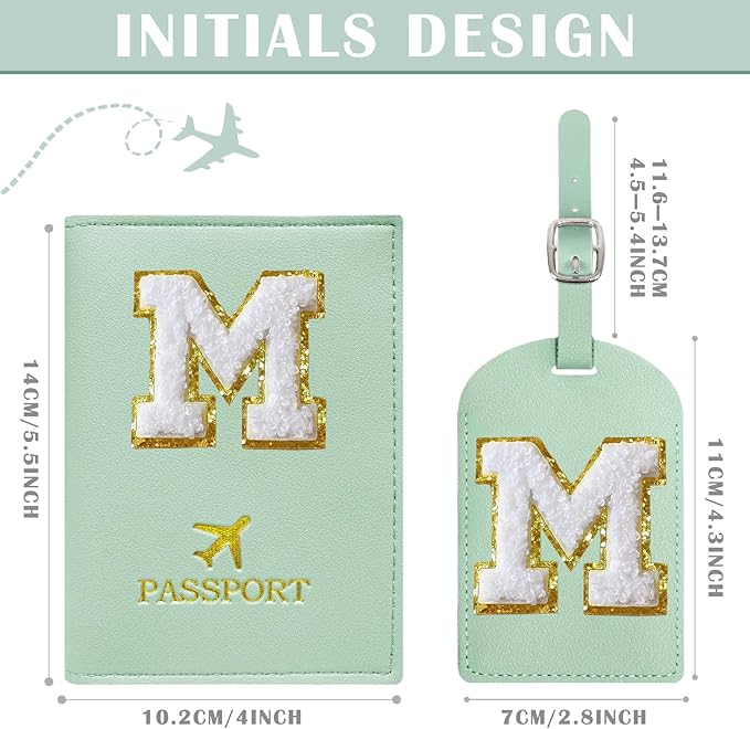 COSHAYSOO Green Initial Passport Cover Holder and Luggage Tag Set TSA Approved with Alphabet Chenille Letter Patch for Women Teenager Girls, PU Leather Traveling Bag Suitcase Identifier (M)