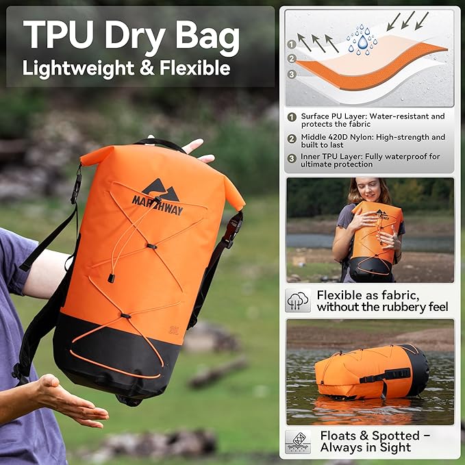 MARCHWAY Floating Roll Top Dry Bag, Flexible Lightweight TPU Waterproof Backpack 20L/30L/40L with Padded Straps for Boating, Kayaking, Swimming, Hiking, Beach (Orange, 20L)