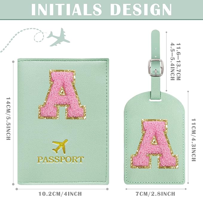 COSHAYSOO Initial Passport Cover Luggage Tag Set Letter Passport Holder Airplane Cruise Travel Essentials Vacation Traveling Accessories Personalized Gifts for Women Teen College Girls Teal A