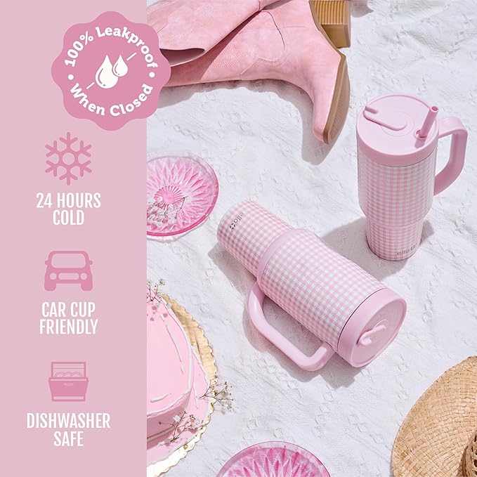 Ello Oasis 30 oz Tumbler with Handle & Retracting Straw | Reusable Insulated Stainless Steel Cup 100% Leakproof, Gifts for Teens Women Men | Keeps cold for 24 Hours, Cup Holder Friendly, Pink Gingham