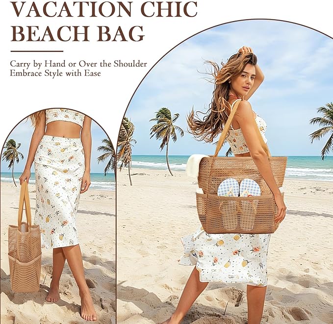 Fammart Mesh Beach Bag for Women, Summer Straw Tote Hobo Pool Bags with Zipper Pocket, Travel Vacation Cruise Essentials 2026