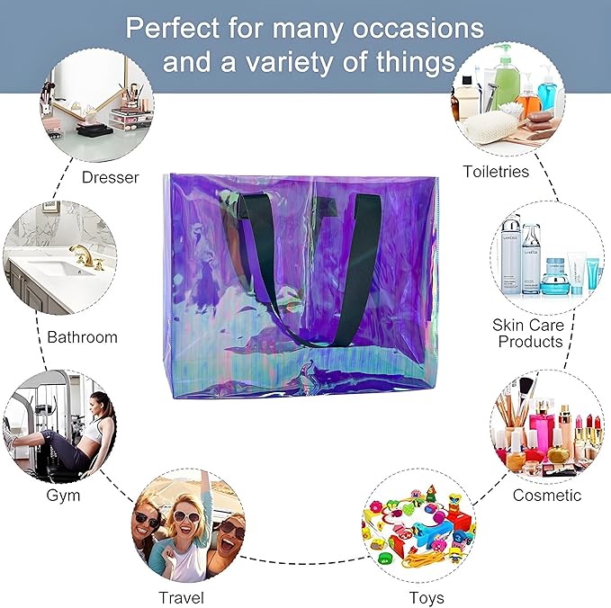 Holographic PVC Beach Bag Waterproof - 18×13×6inch Large Clear Tote for Women Men Pool Travel Sandproof Carry All