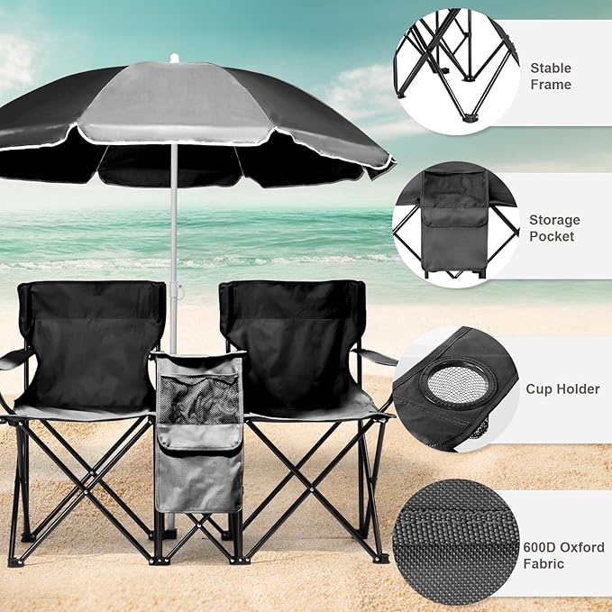 Double Folding Camping Chair W/Umbrella Fold Up Table Beverage Holder Carrying Bag Cooler for Patio Pool Park Outdoor Beach, Picnic, Portable (Black)