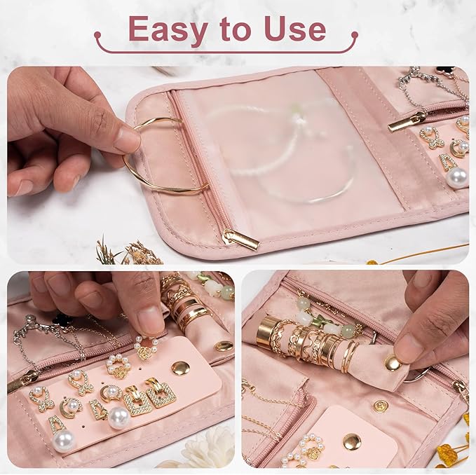Travel Jewelry Roll Organizer Bag Foldable and Anti-Lost Jewelry Holder Storage for Rings, Necklaces, Bracelets, Earrings and Accessories, Small Pink
