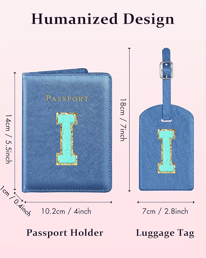 Slohif Passport Holder Initial Lugguage Tag Set Suitcase Cover Wallet Case for Travel Women - Leather Letter Passport Book Personalized Organizer Card Protector Sleeve Essentials Slim Carrier Blue I