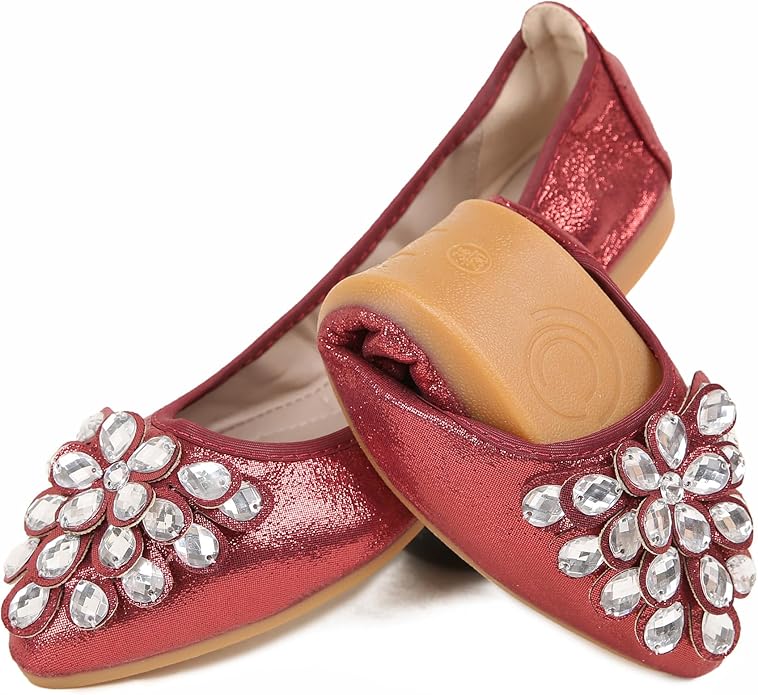 Flats Shoes for Women Rhinestone Wedding Ballerina Shoes Foldable Sparkly Comfort Slip on Flat Dressy Flats