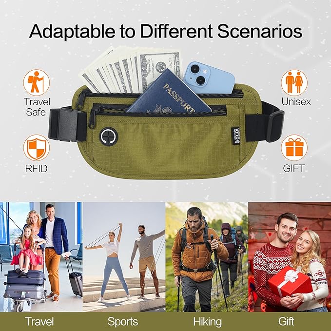 Slim RFID Blocking Money Belt for Travel - Anti-Theft Hidden Passport Holder Waist Wallet with Secure Pouch for Cash, Credit Cards & Phone Safe (Olive-green)
