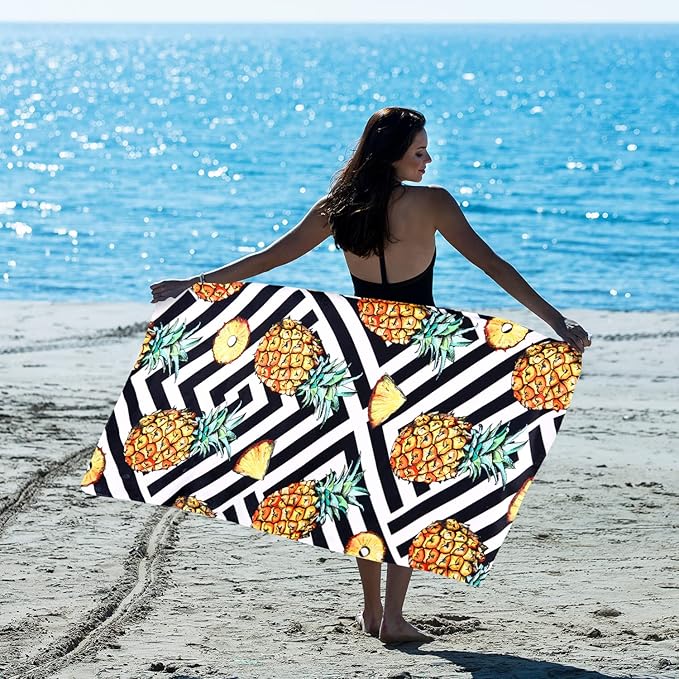 LIVILAN Pineapple Microfiber Beach Towel, 30” x 60” Oversized, Soft and Thin for Swim, Pool, Bath, Shower, Quick Dry, Sand Free, Striped, Ideal Pineapple Gifts for Women and Adults