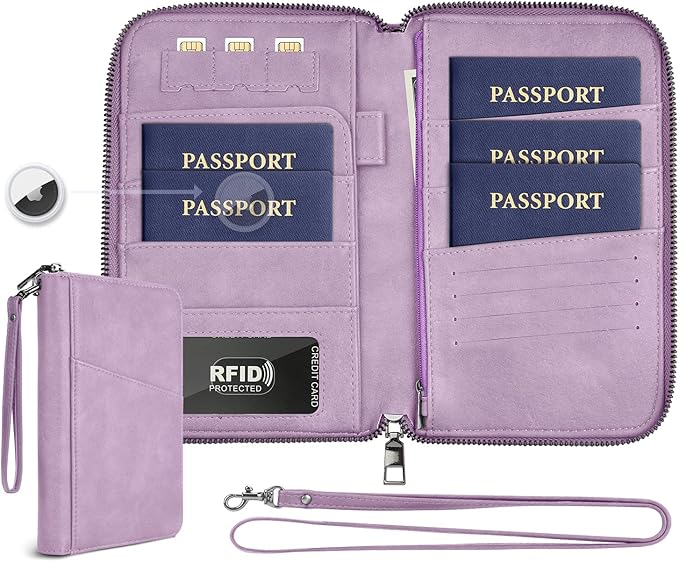 Family Passport Holder Wallet RFID Travel Document Organizer for Women Men, Portable Case Cover for Cards, Boarding Pass with Wrist & Neck Double Strap, Travel Christmas Gifts (Apricot, 1pack)