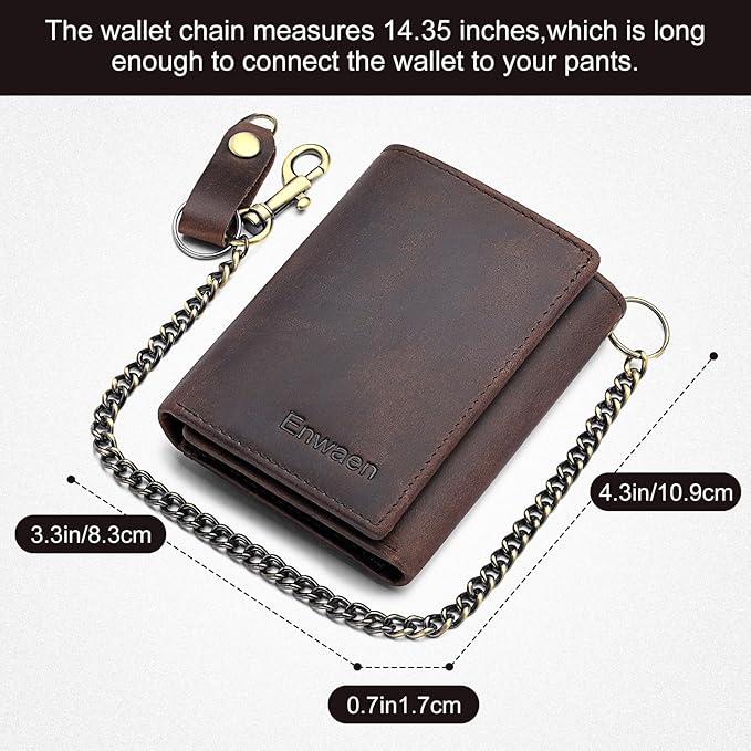 Trifold Chain Wallets for Men, Genuine Leather Wallet RFID Blocking Anti-Theft Chain for Biker, Motorcycle
