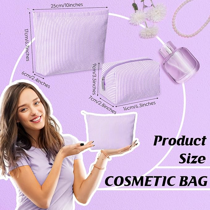 2 Pcs Makeup Bag Set Cute Cosmetic Pouch for Women Seersucker Travel Toiletry Bag Preppy Small Makeup Purse Pouch Aesthetic Skincare Brushes Storage Organizer for Valentine Women(Purple)