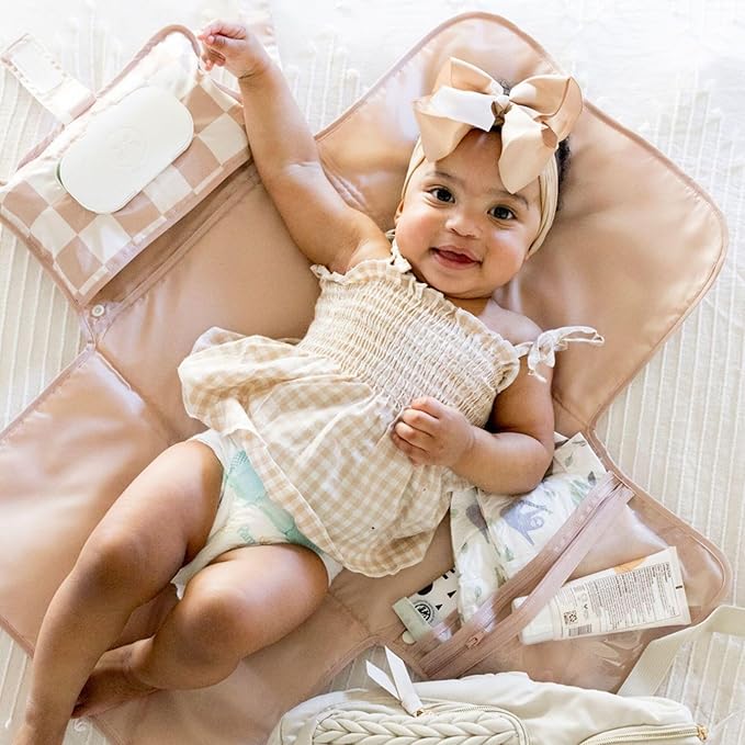 Tiny Twinkle Portable Diaper Changing Pad | Waterproof, Wipeable & Compact Baby Changing Pad for Travel | Smart Wipes Pocket & Organized Storage| Newborn Shower Gift (Beige Checkers)