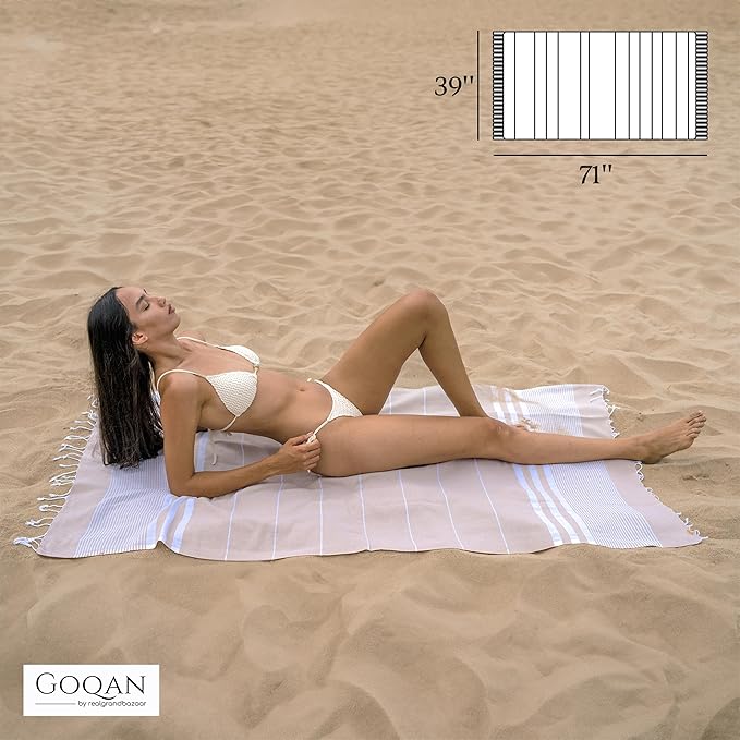 GOQAN Turkish Beach Towel Oversized 39x71 | Thin, Lightweight, 100% Cotton and Sand Free Towel is Suitable for Beach, Bathroom, Pool, Travel & Swim - Beige