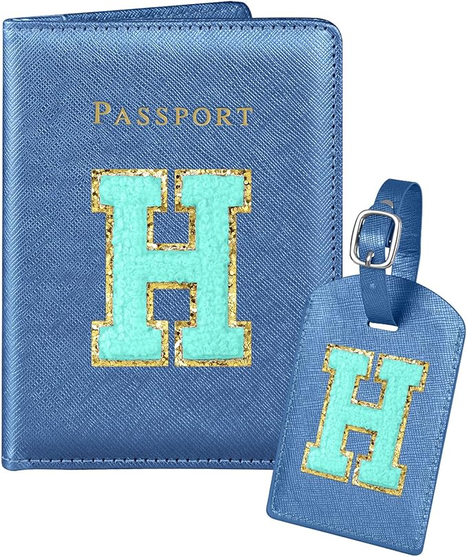 Slohif Passport Holder Initial Lugguage Tag Set Suitcase Cover Wallet Case for Travel Women - Leather Letter Passport Book Personalized Organizer Card Protector Sleeve Essentials Slim Carrier Blue H