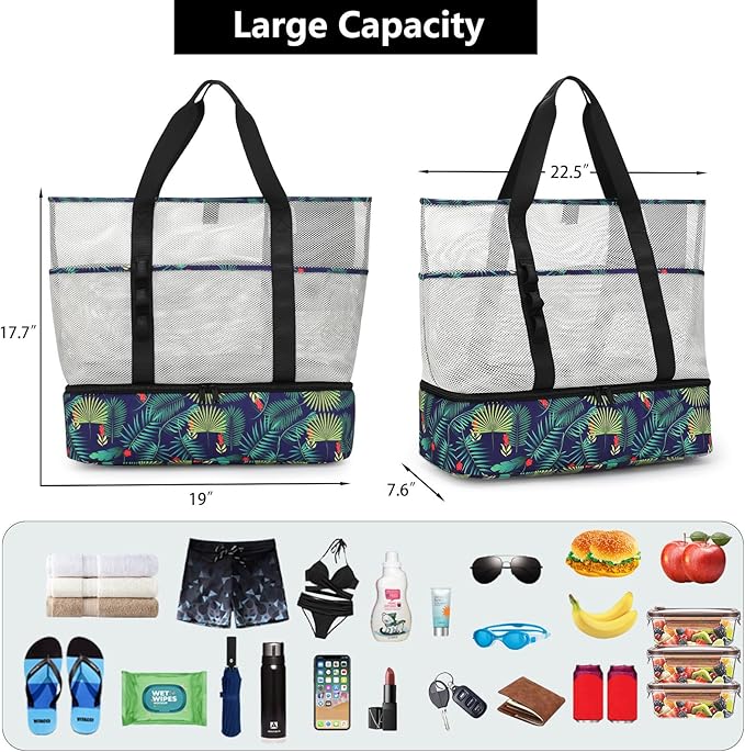 Beach Bag with Cooler,Mesh Beach Bags for Women Sandproof for Pool and Swimming Travel Daily with Durable 8 Pocket