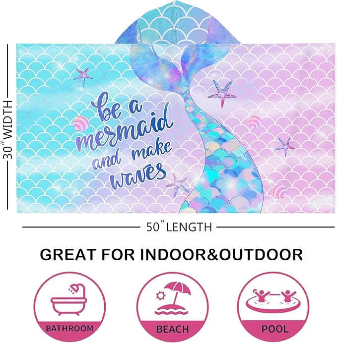 Bonsai Tree Mermaid Hooded Beach Towel,Kids Little Mermaid Tail Poncho Towel for Girls,Quick Dry 30”x50” Pink Bath Towel for Pool Swiming