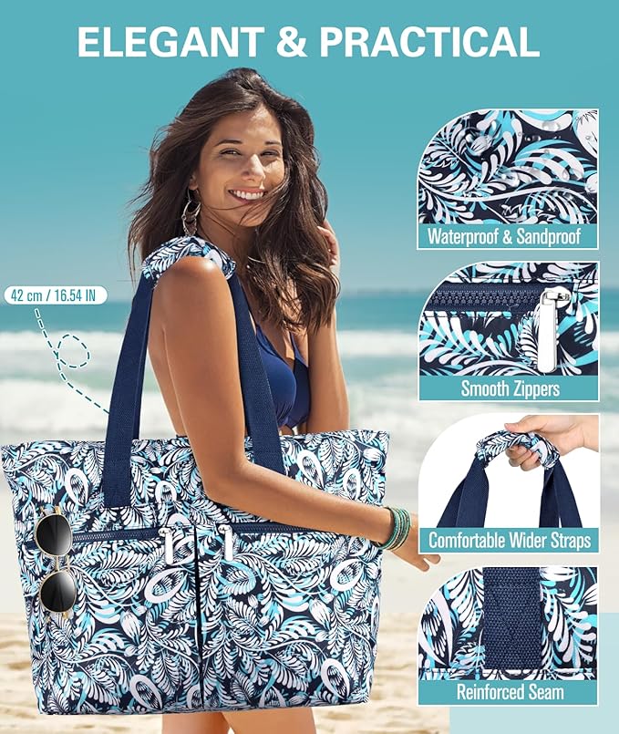 HUANLANG Large Beach Bags for Women Pool Bag with Zipper, Waterproof Sandproof Beach Tote Travel Bag with Wet Pocket | Waterproof, Large capacity, Dry/wet separation, Durable fabric, Cooling function, sandproof