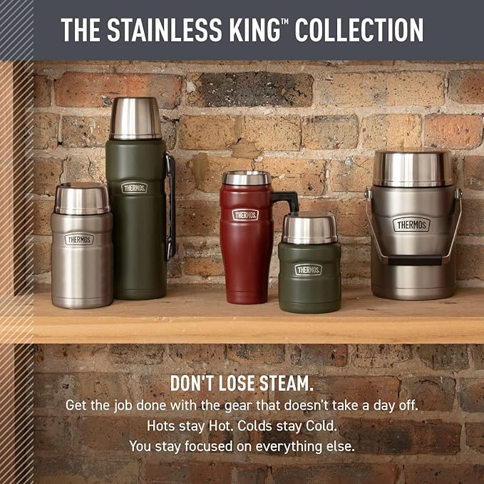 THERMOS Stainless King Vacuum-Insulated Travel Mug with Handle - 16oz, Matte Steel - Thermos Tumbler for Hot & Cold Drinks - Leak-Proof & Sweat-Proof Stainless Steel Coffee Mug with Lid for Commuting