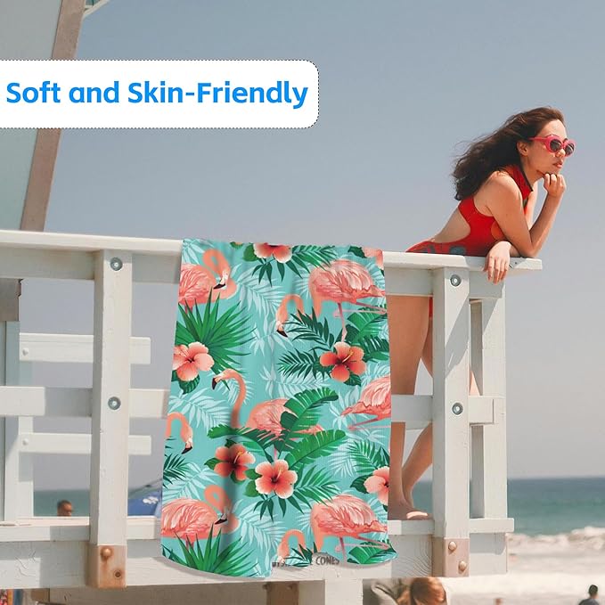 Flamingos Beach Towel,Tropical Pink Flamingos and Jungle Palm Leaves Lightweight Compact Sand Free Quick Dry Oversized Pool Swimming Towels for Girls Women Adults,29.5"×59"