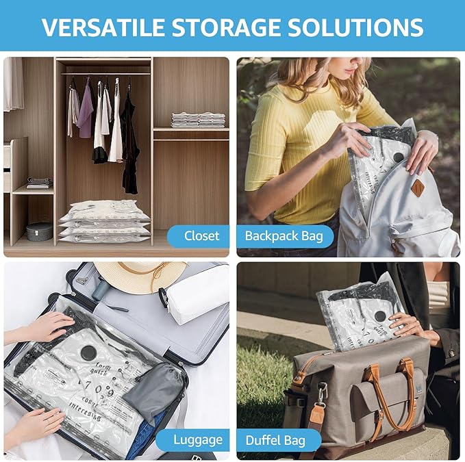 Vacuum Bags for Travel with Rechargeable Pump, 3 Sizes Vacuum Seal Bags for Clothing, Compression Vacuum Travel Bags for Luggage, Vacuum Packing Bags for Closet Organization (6)