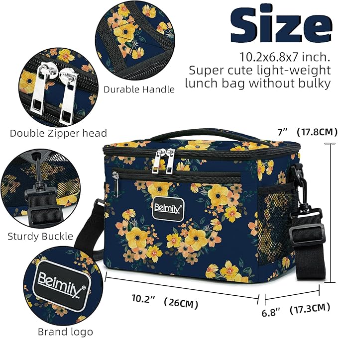 BEIMILY Lunch Box for Men/Women, Small Insulated Lunch Bag, Leak-Proof Soft Cooler Tote Bag, Reusable LunchBox for Work, Travel,Picnic with Adjustable Shoulder Strap for Adults(floral yellow)