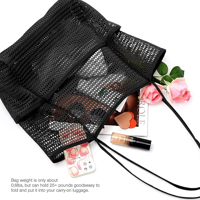 KPX Beach Bag with Mini Pocket, Beach Tote Bags for Women Large Foldable Mesh Swimming Pool Travel Bags - Sandproof