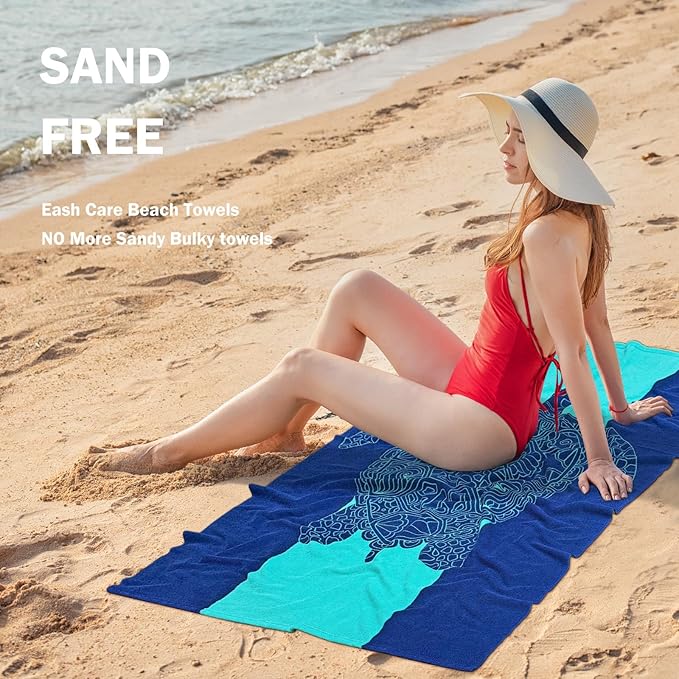 cabanana Sand Free Beach Towel - Large Oversized Beach Towel Sandproof 70x35 Big Microfiber Quick Dry Pool Towel, Thin Lightweight Compact for Travel Swimming Bath for Adults Women Men (Turtle)