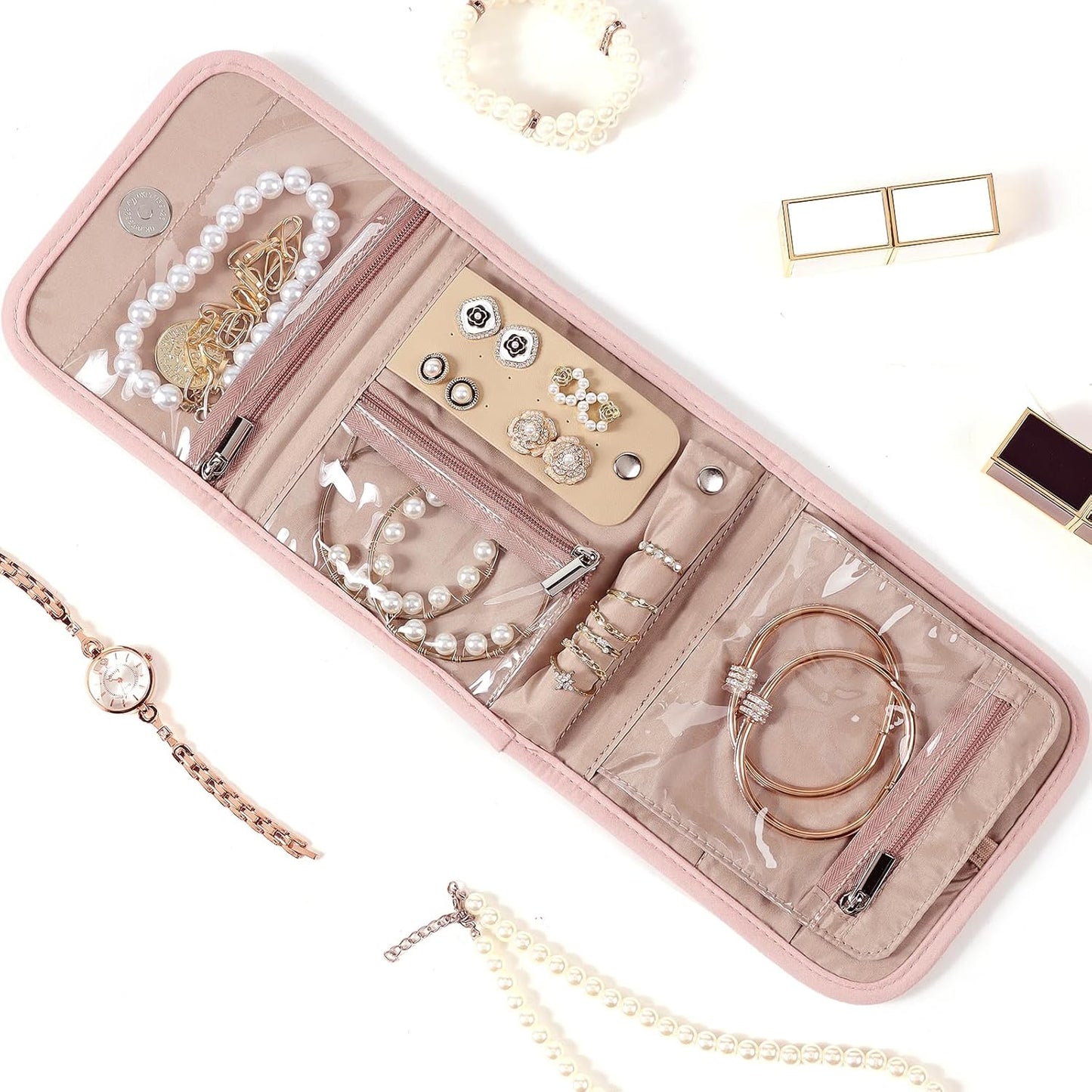 BELALIFE Travel Jewelry Case Organizer, Small Foldable Storage Roll for Earrings, Necklaces, Rings, Bracelets, Brooches, Pink