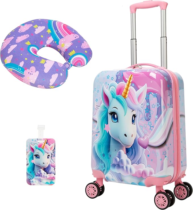 Cute Unicorn Kid’s Luggage Set 2 Piece Suitcase Set 16" Hardside Luggage with Spinner Wheels Girls Carry on Toddler Travel Rolling Luggage Airline Approved