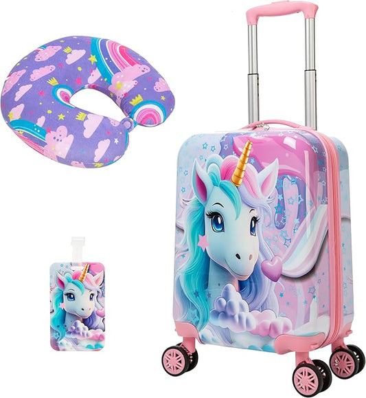 Cute Unicorn Kid’s Luggage Set 2 Piece Suitcase Set 16" Hardside Luggage with Spinner Wheels Girls Carry on Toddler Travel Rolling Luggage Airline Approved